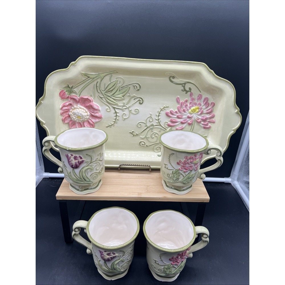 MWW Market 17" Ceramic Serving Tray Chrysanthemum With 4 Matching Coffee/Tea Cup